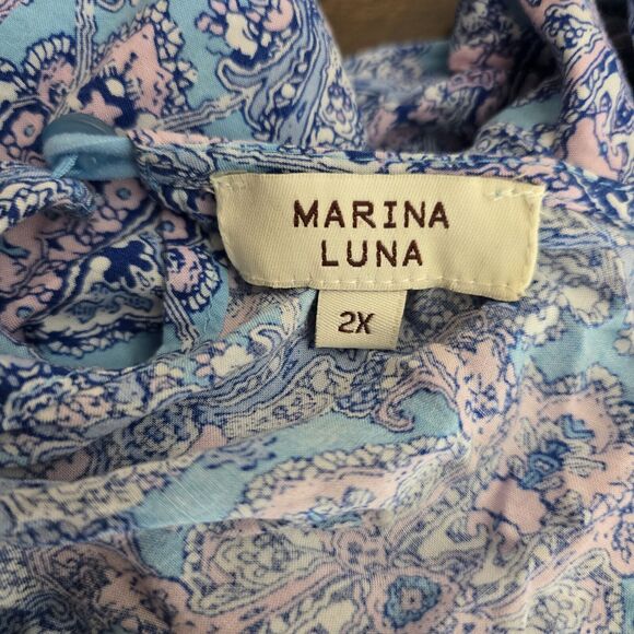 Marina Luna Blouse Plus Size 2X Blue Pink Damask Print Hi Low Hem Top SOLD ON EB - Picture 7 of 10